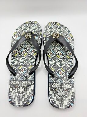 Tory Burch Black Strap Flip Flops with Multicolor Geometric Footbed